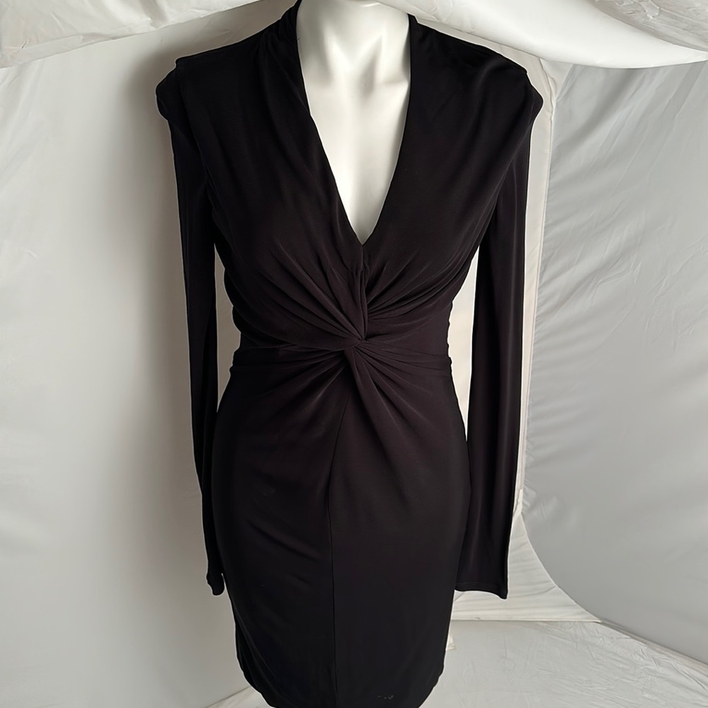 Halston Heritage black v-neck twist front long sleeve bodycon cocktail dress